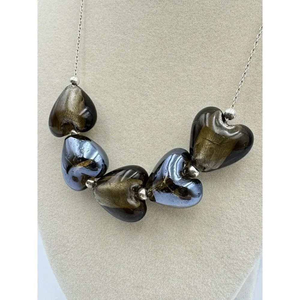 Sterling Silver Dichroic Lampwork Heart Glass Bead Necklace 16”-18” Boho Jewelry